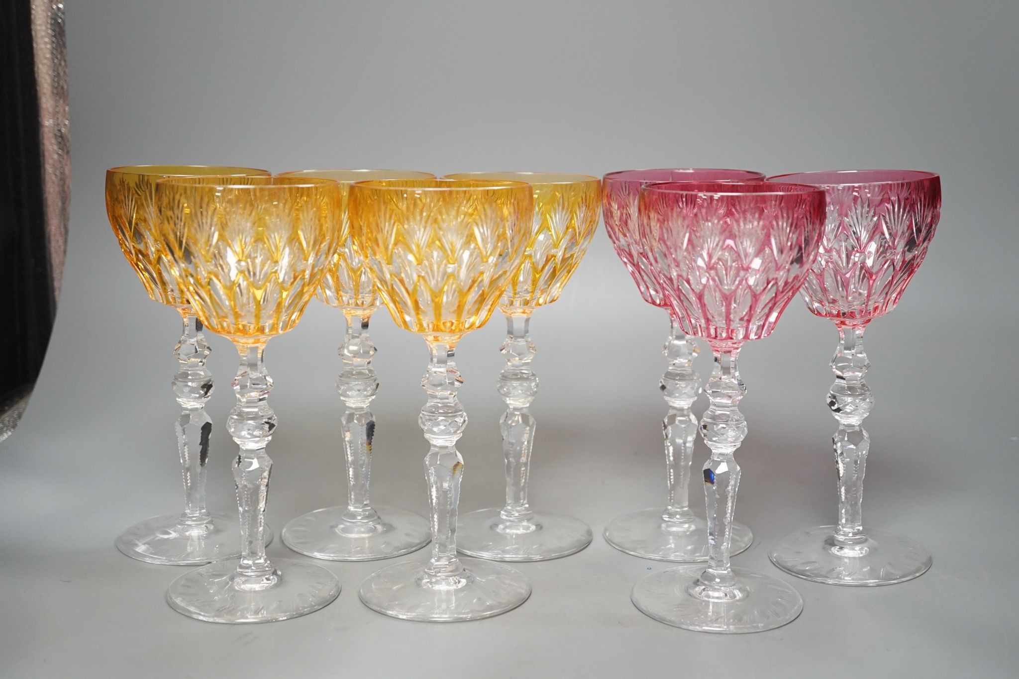 Eight hock or claret wine glasses, with colour flashed bowls, 20cm
